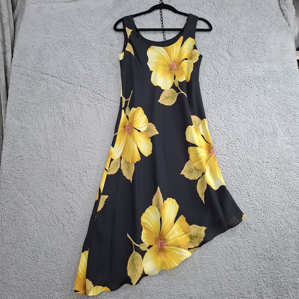 Tropical Dark Floral DressSz‎ 6p Asymmetrical Midi Hawaiian Beachy Mesh Chiffon